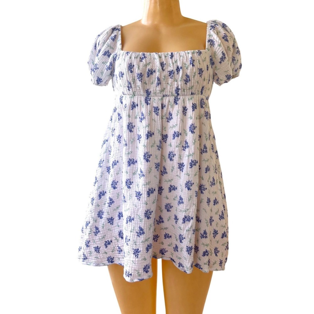 PRINCESS POLLY White Blue Floral Puff Sleeve Open Back Mini Dress Women's Sz XS - Picture 3 of 10